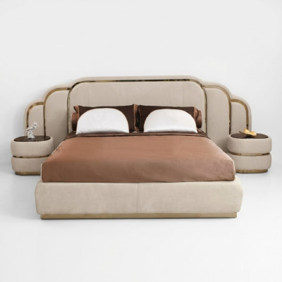 Meubles de chambre beige Lit 2x Tables de chevet Ensemble en bois Luxe Set 3 pièces