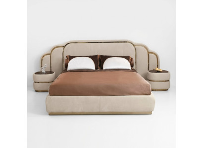 Meubles de chambre beige Lit 2x Tables de chevet Ensemble en bois Luxe Set 3 pièces