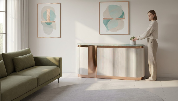 Meuble élégant Commode Buffet Miroir Bois Salle à manger Armoires Ensemble beige