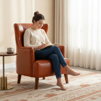 Fauteuil orange pour une personne en simili cuir de luxe pour le salon. Meuble rembourré neuf.