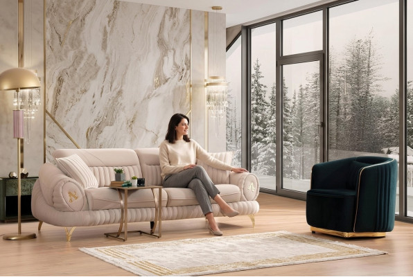 Canapé 3 places avec fauteuil blanc design moderne et élégant de luxe.