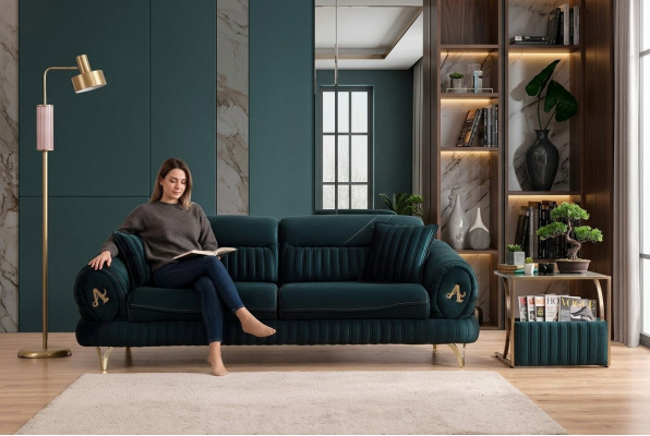 Canapé de luxe trois places vert design bois moderne Mobilier de salon neuf