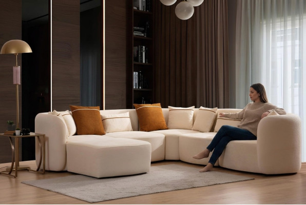 Salon Beige Canapé Moderne en forme de L Siège Canapé d'angle Canapé Mobilier rembourré