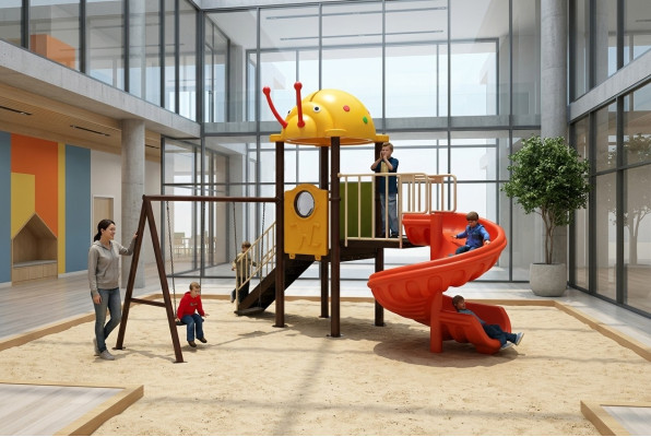 Aire de jeux pour enfants avec des toboggans et des balançoires, divertissement pour les enfants.