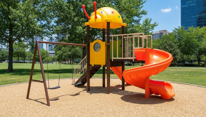 Aire de jeux pour enfants avec des toboggans et des balançoires, divertissement pour les enfants.