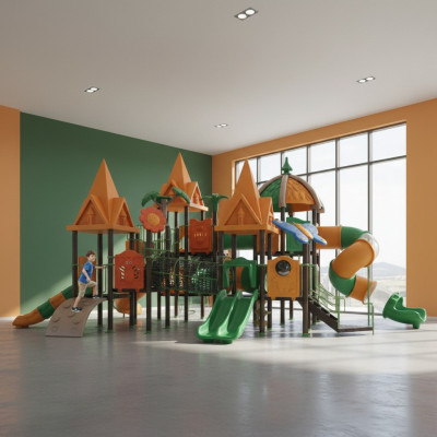 Tour de jeu avec toboggan, tour d'escalade, dispositif de jeu, aire de jeux extérieure.