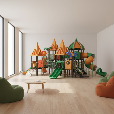 Tour de jeu avec toboggan, tour d'escalade, dispositif de jeu, aire de jeux extérieure.