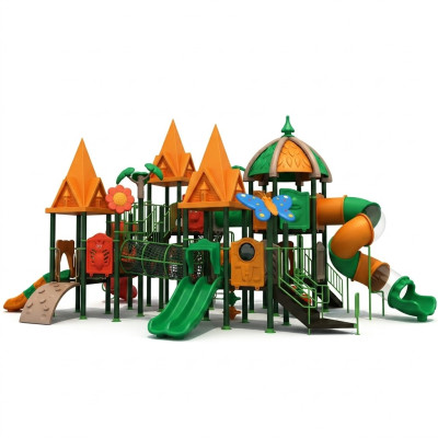 Tour de jeu avec toboggan, tour d'escalade, dispositif de jeu, aire de jeux extérieure.