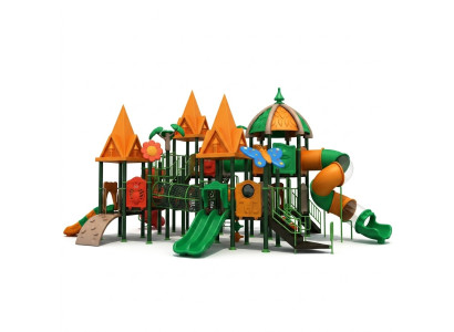 Tour de jeu avec toboggan, tour d'escalade, dispositif de jeu, aire de jeux extérieure.