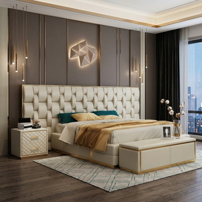 Design de literie de luxe pour lit double matelassé pour chambre à coucher d'hôtel.