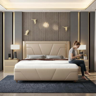 Chambre Lit Rembourrage Conception Mobilier Luxe Double Beige Lits Modernes