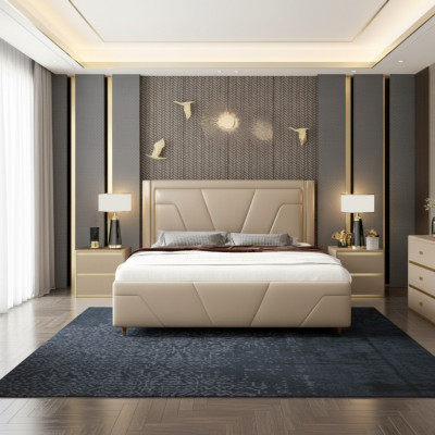 Chambre Lit Rembourrage Conception Mobilier Luxe Double Beige Lits Modernes