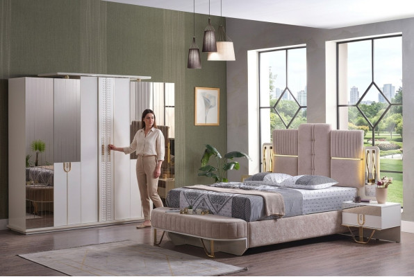 Ensemble de chambre de luxe 5 pièces. Lit 2x Tables de chevet Armoire Tabouret Moderne