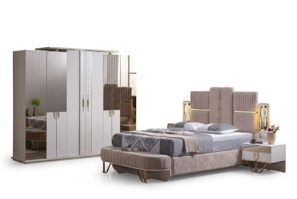 Ensemble de chambre de luxe 5 pièces. Lit 2x Tables de chevet Armoire Tabouret Moderne