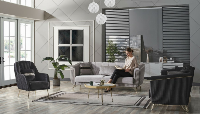 Ensemble de canapés 3+3+1 places en tissu et bois Canapé 3 places Fauteuil moderne Ensemble complet Eu