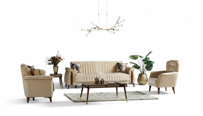 Ensemble de canapé 3+3+1 place Ensemble de salon complet Sofa en textile Fauteuil en bois beige