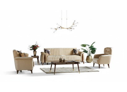 Ensemble de canapé 3+3+1 place Ensemble de salon complet Sofa en textile Fauteuil en bois beige