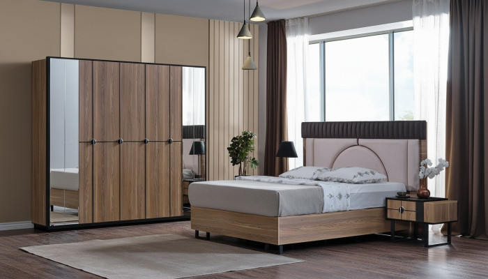 Luxus Schlafzimmer Set 4-teilig. Bett 2x Nachttische Kleiderschrank Schrank Holz
