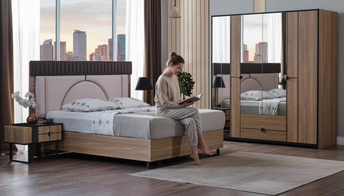 Ensemble de chambre à coucher de luxe Lit complet + 2 tables de chevet 3 pièces. Ensemble moderne neuf