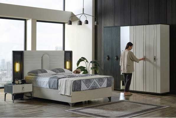 Ensemble de chambre de luxe 4 pièces. Lit 2x Tables de chevet Armoire Beige