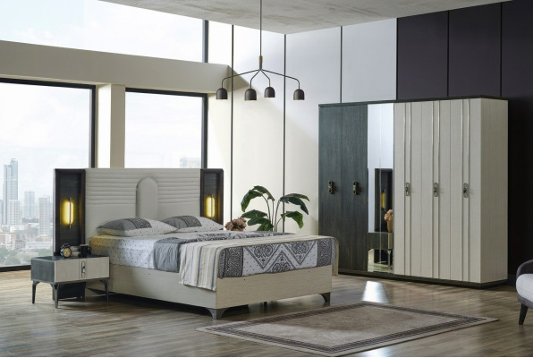 Ensemble de chambre de luxe 4 pièces. Lit 2x Tables de chevet Armoire Beige