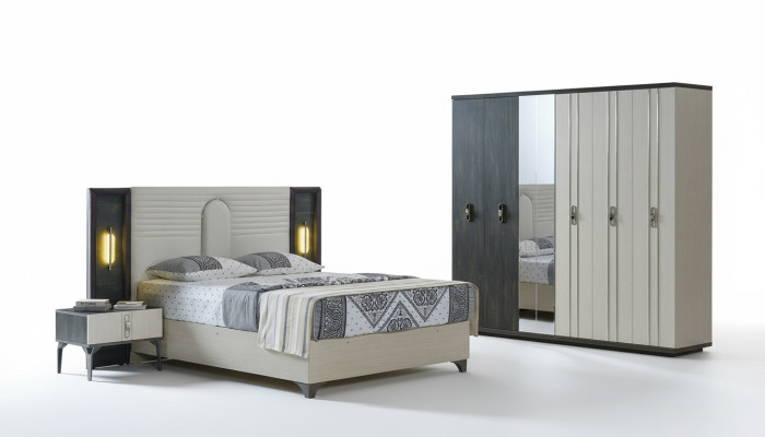 Ensemble de chambre de luxe 4 pièces. Lit 2x Tables de chevet Armoire Beige