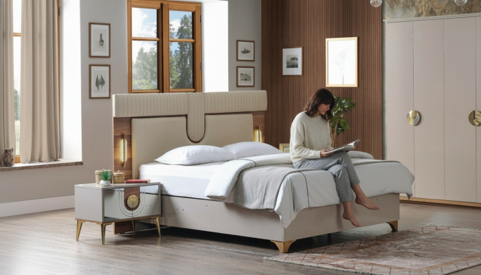 Luxueux ensemble de chambre à coucher Lit + 2 tables de chevet en bois Complet moderne.