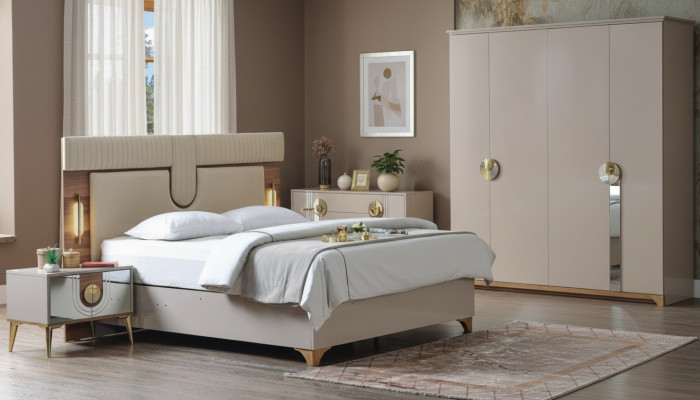 Luxueux ensemble de chambre à coucher Lit + 2 tables de chevet en bois Complet moderne.