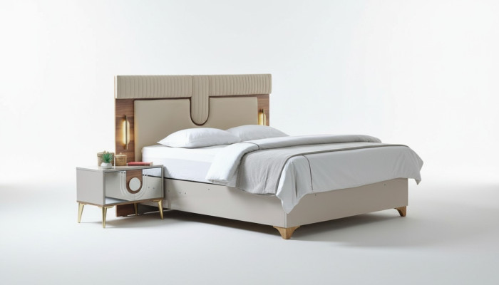 Luxueux ensemble de chambre à coucher Lit + 2 tables de chevet en bois Complet moderne.