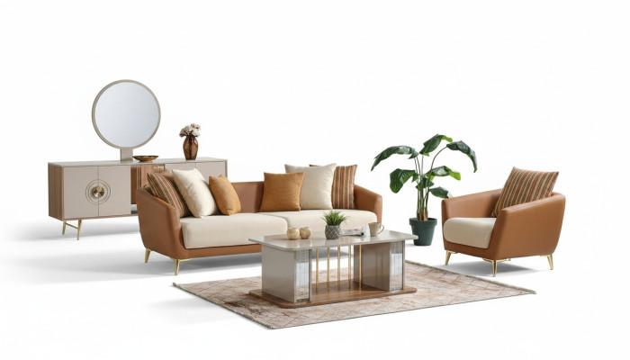 Ensemble de canapé 3+1 places en textile et bois, canapé 3 places, fauteuil moderne, ensemble complet.