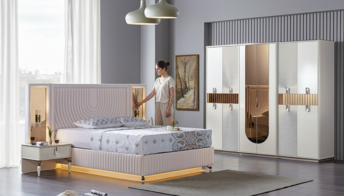 Luxe Ensemble de chambre à coucher Lit 2x Tables de chevet Armoire Bois Moderne Complet nouveau