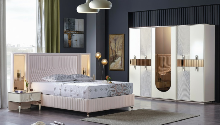 Luxe Ensemble de chambre à coucher Lit 2x Tables de chevet Armoire Bois Moderne Complet nouveau