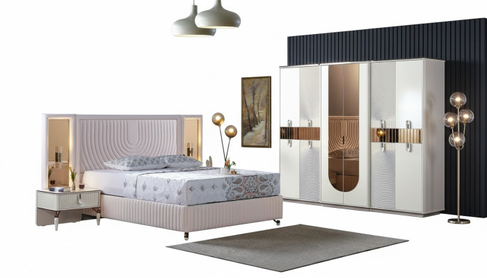 Luxe Ensemble de chambre à coucher Lit 2x Tables de chevet Armoire Bois Moderne Complet nouveau
