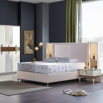 Ensemble de chambre de luxe Lit + 2 tables de chevet en bois Complet Moderne