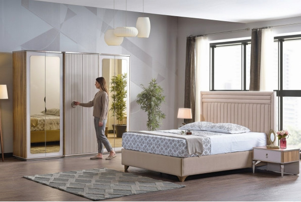 Ensemble de chambre à coucher moderne Lit 2x Tables de chevet Armoire neuf Luxe