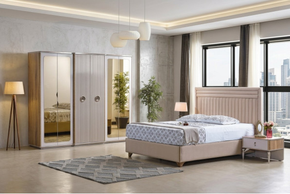 Ensemble de chambre à coucher moderne Lit 2x Tables de chevet Armoire neuf Luxe