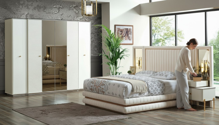 Chambre À Coucher Ensemble Lit 2x Tables De Chevet Armoire Mobilier De Conception 4 pièces Beige