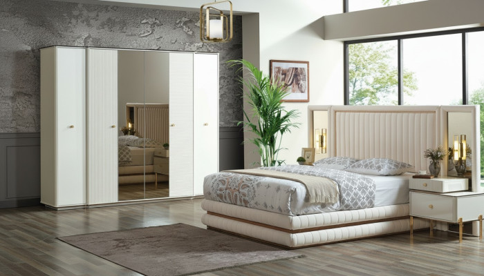 Chambre À Coucher Ensemble Lit 2x Tables De Chevet Armoire Mobilier De Conception 4 pièces Beige