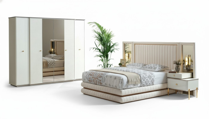 Chambre À Coucher Ensemble Lit 2x Tables De Chevet Armoire Mobilier De Conception 4 pièces Beige