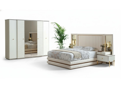 Chambre À Coucher Ensemble Lit 2x Tables De Chevet Armoire Mobilier De Conception 4 pièces Beige