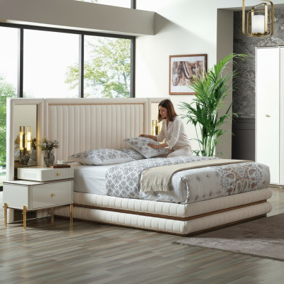 Set de chambre moderne Lit + 2 tables de chevet Mobilier design 3 pièces beige