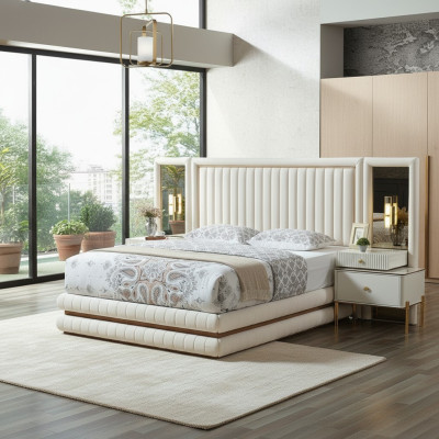 Set de chambre moderne Lit + 2 tables de chevet Mobilier design 3 pièces beige