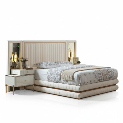 Set de chambre moderne Lit + 2 tables de chevet Mobilier design 3 pièces beige