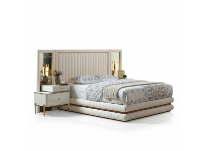 Set de chambre moderne Lit + 2 tables de chevet Mobilier design 3 pièces beige