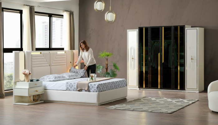 Ensemble de chambre moderne Lit + 2 tables de chevet + Armoire Mobilier design 4 pièces