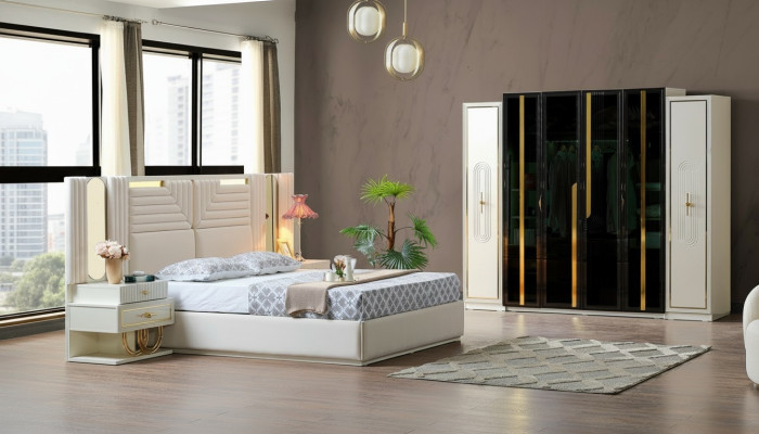 Ensemble de chambre moderne Lit + 2 tables de chevet + Armoire Mobilier design 4 pièces