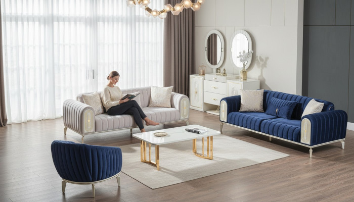 Ensemble de canapés 3+3+1 place Ensemble de salon Canapé complet Fauteuil en tissu Bleu en bois