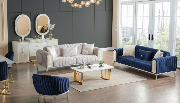 Ensemble de canapés 3+3+1 place Ensemble de salon Canapé complet Fauteuil en tissu Bleu en bois