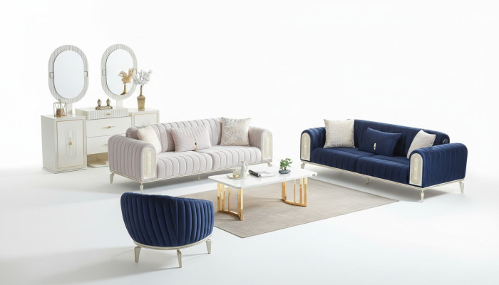 Ensemble de canapés 3+3+1 place Ensemble de salon Canapé complet Fauteuil en tissu Bleu en bois