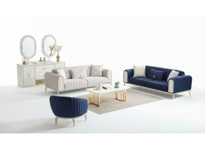Ensemble de canapés 3+3+1 place Ensemble de salon Canapé complet Fauteuil en tissu Bleu en bois